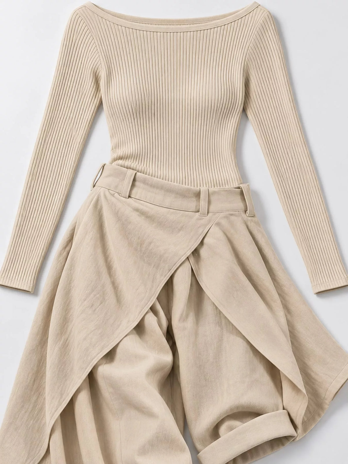 Boat Neck Long-Sleeve Top and Wrap Wide-Leg Pant Set