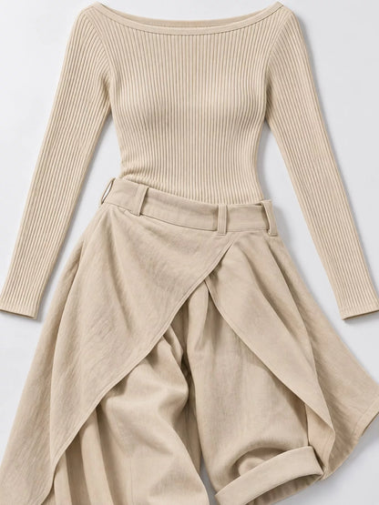 Boat Neck Long-Sleeve Top and Wrap Wide-Leg Pant Set