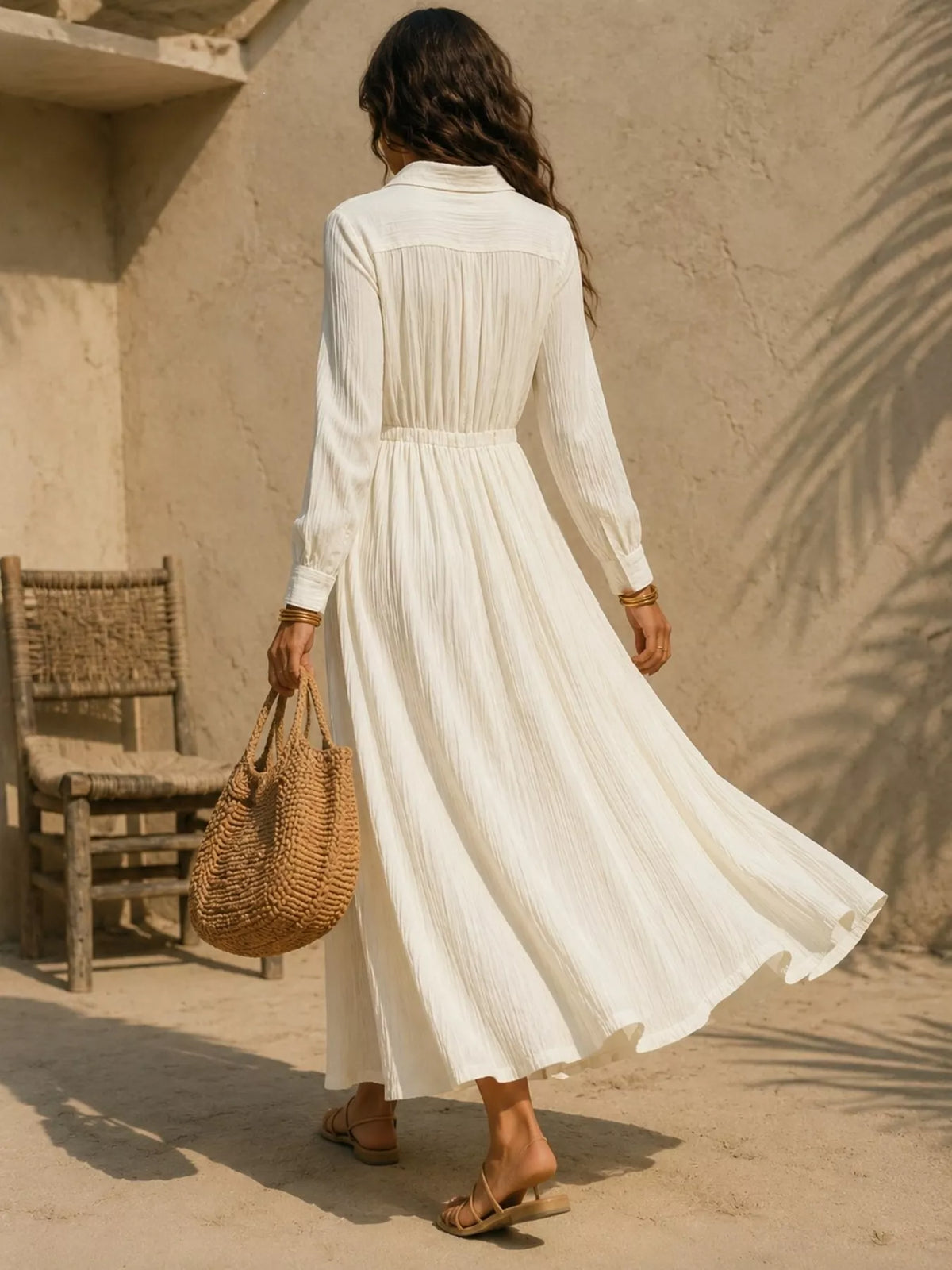 Full Size Textured Button Front Long Sleeve Maxi Dress Plus Size