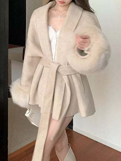Waist Tie Outerwear with Faux Fur Cuffs