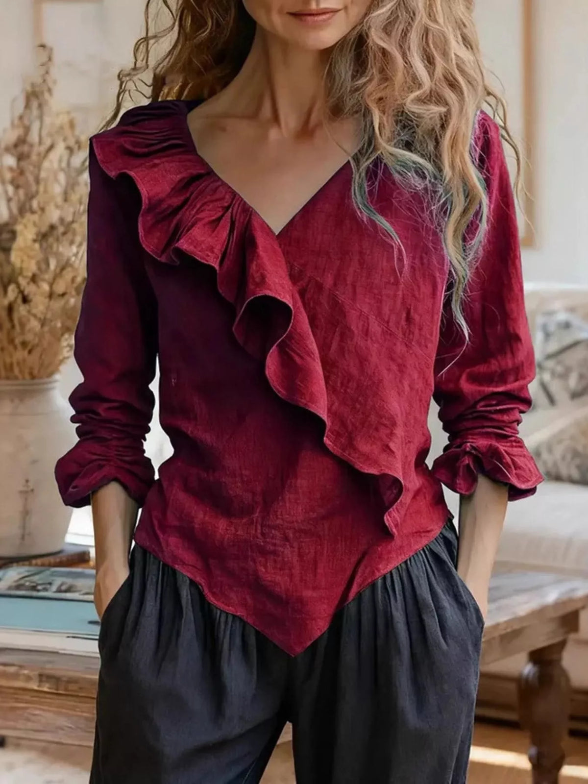 V-Neck Ruffled Long Sleeve Blouse