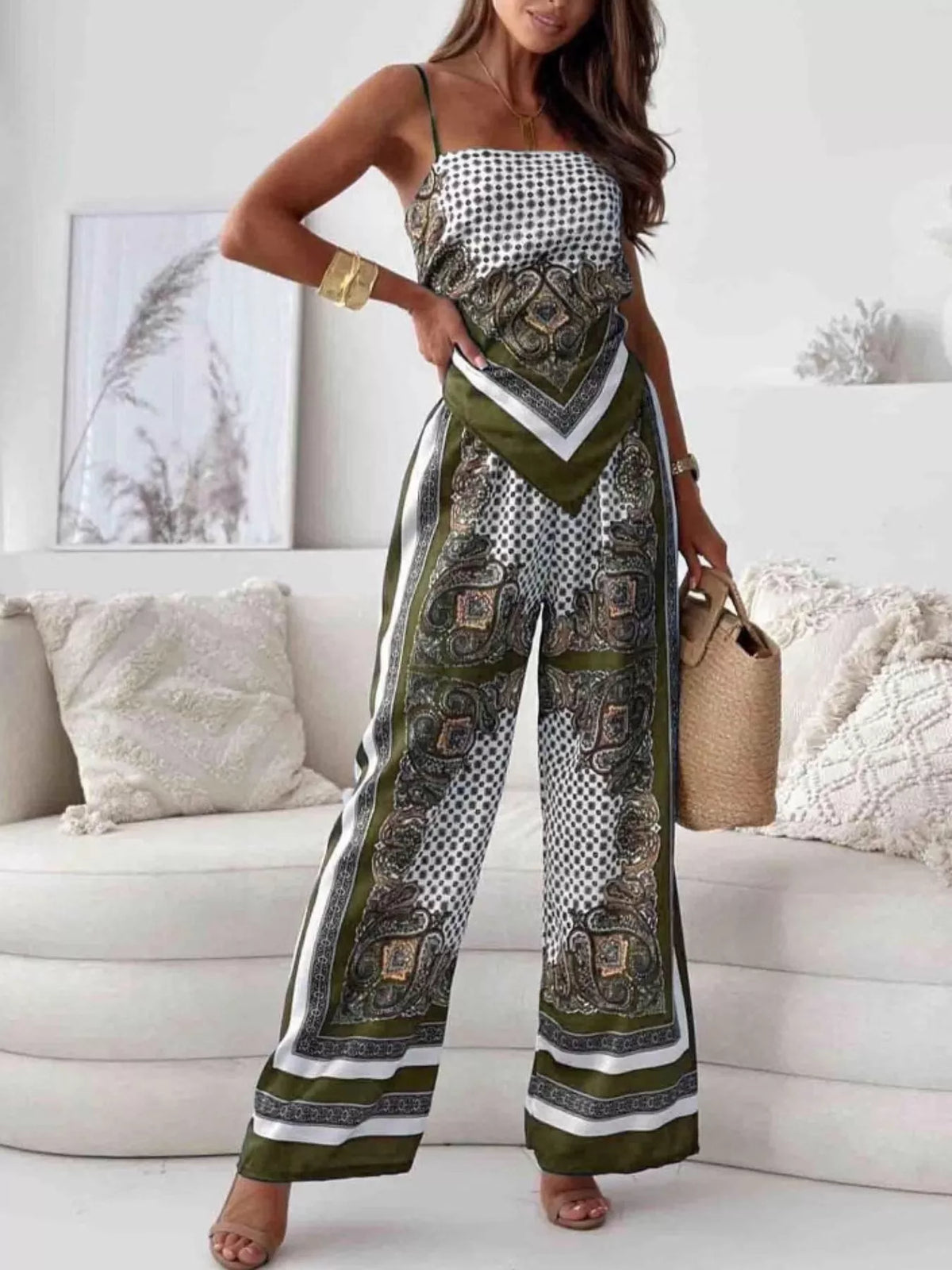 Printed Cami and Wide Leg Pants Set