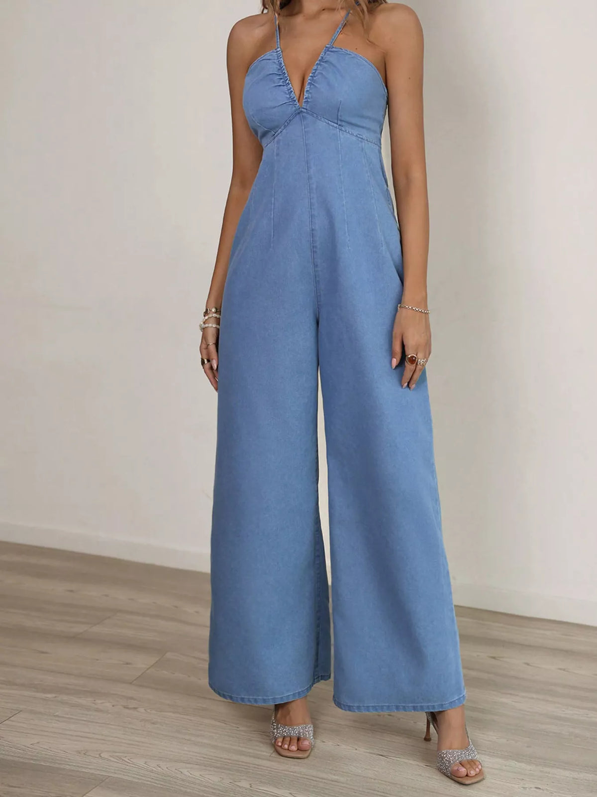 Spaghetti Strap Wide Leg Denim Jumpsuit