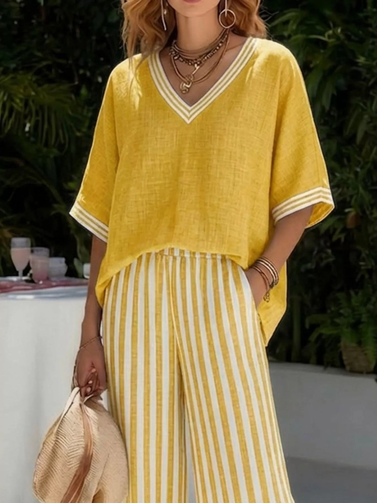 Striped Two-Piece Pants Set with V-Neck Top | S–3XL