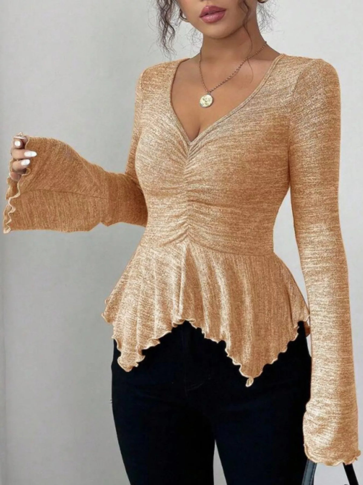 Ruched Flared Sleeves Peplum T-Shirt