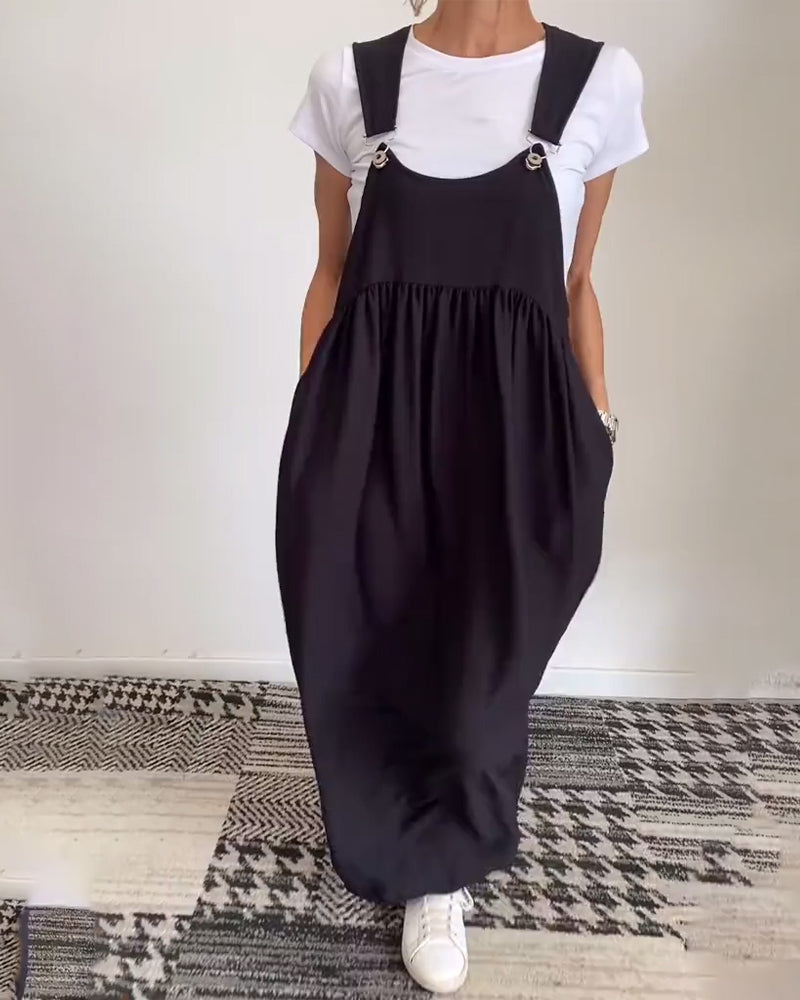 Casual Solid Color Suspender Dress Black S
