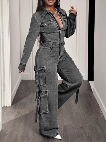 Zip Front Wide Leg Denim Jumpsuit