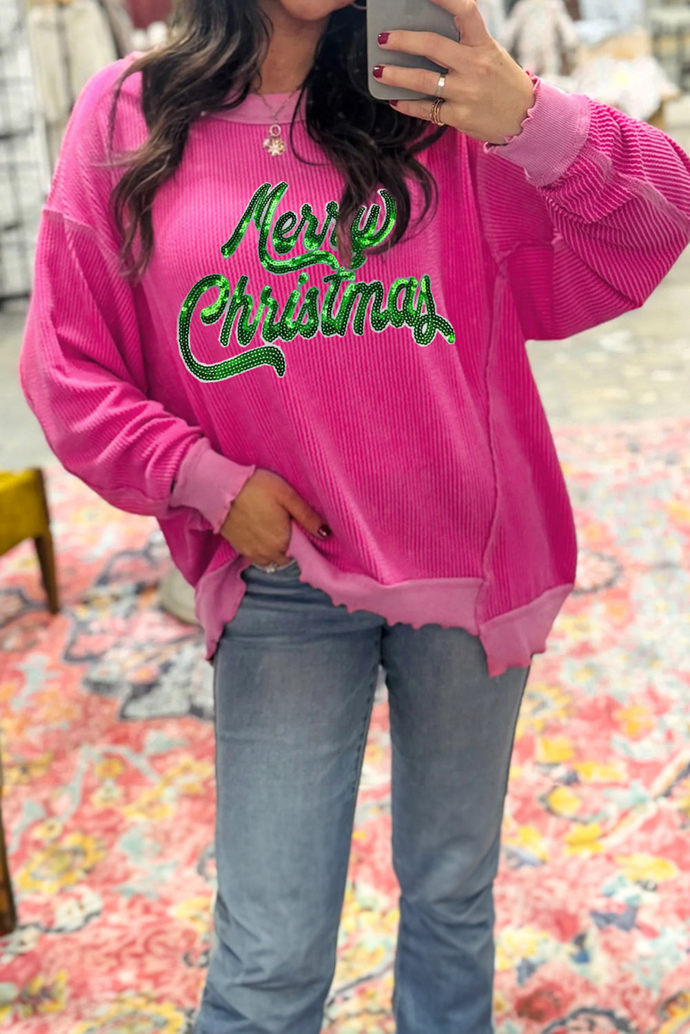 Strawberry Pink Twisted Ribbed Texture Merry Christmas Sequin Letter Graphic Top
