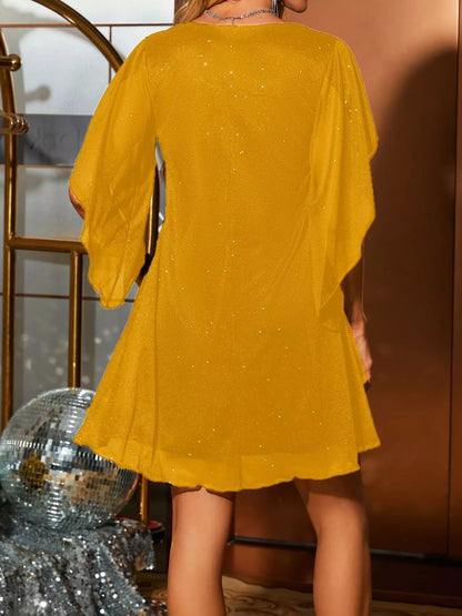 Glittering V-Neck Flutter Sleeve Dress