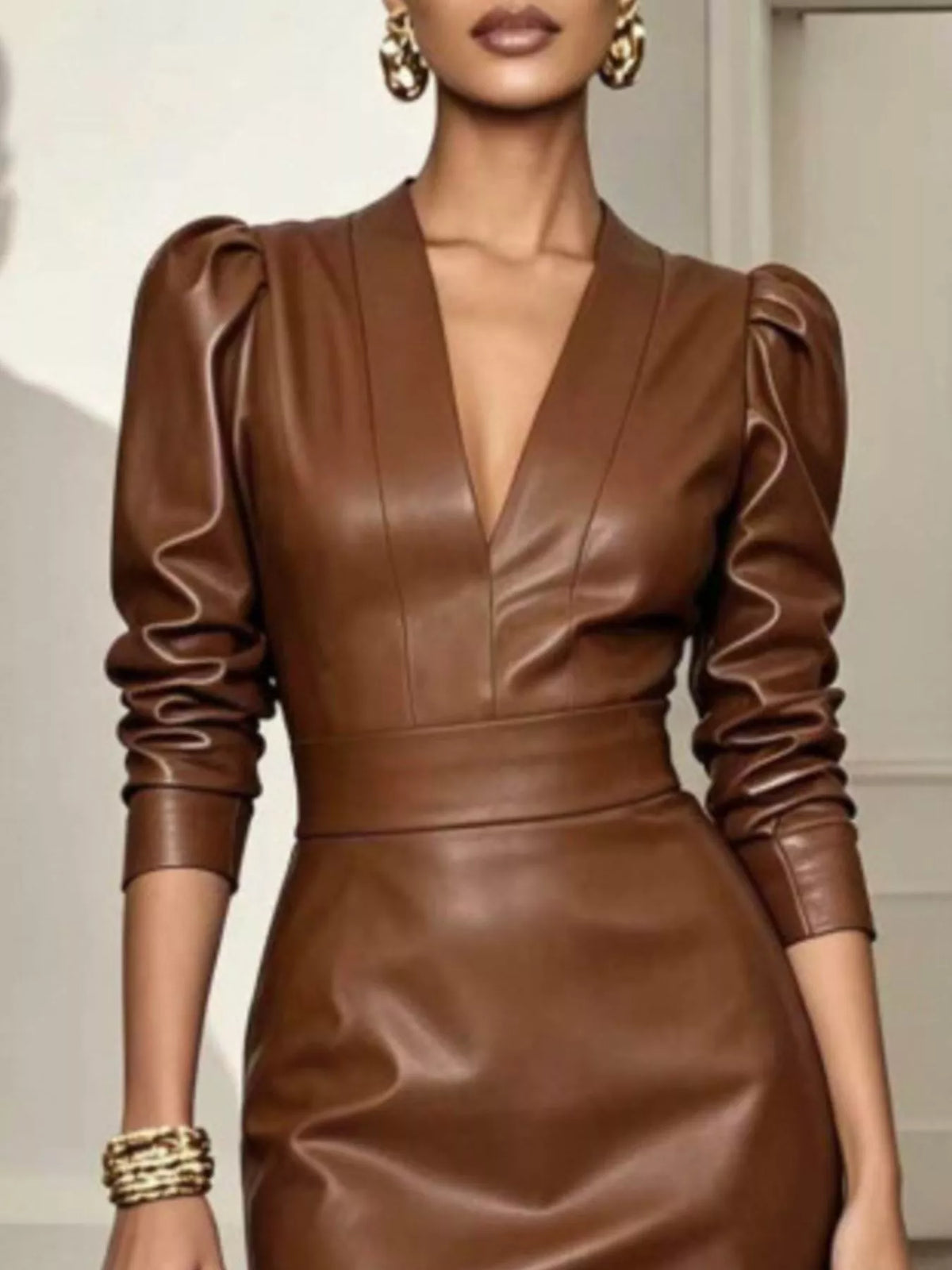 V-Neck Puff Sleeve Midi Dress
