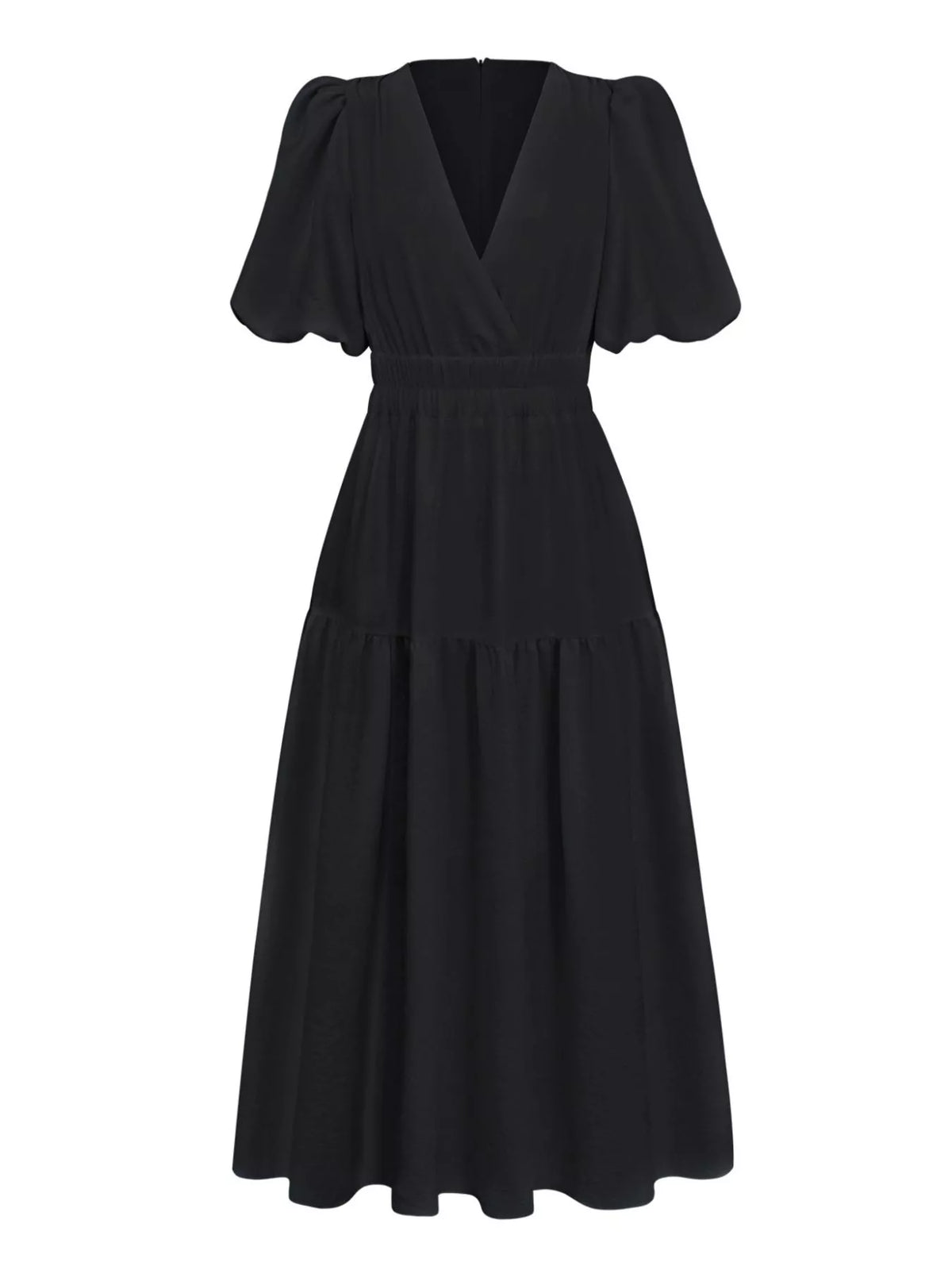 Elegant Puff Sleeve V-Neck Midi Dress