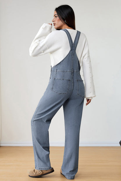 Dark Blue Retro Bib Pocket Buckle Straps Casual Denim Jumpsuit