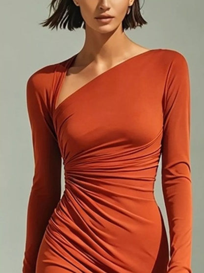 Asymmetrical Neck Ruched Long-Sleeve Dress