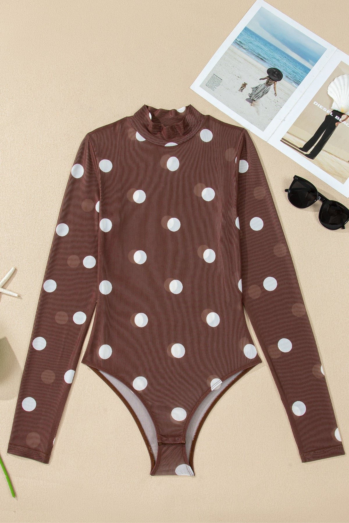 Brown Vintage Polka Dot Print Mesh Long Sleeve Bodysuit