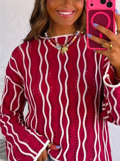 Wavy Detail Hollow Out Knit Long Sleeve Cotton Pullover Sweater