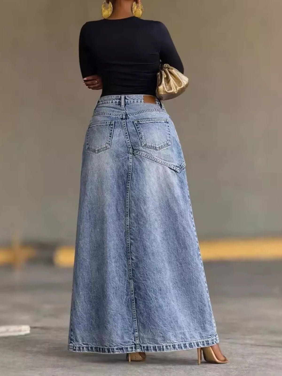 High-Waisted Slit Denim Skirt