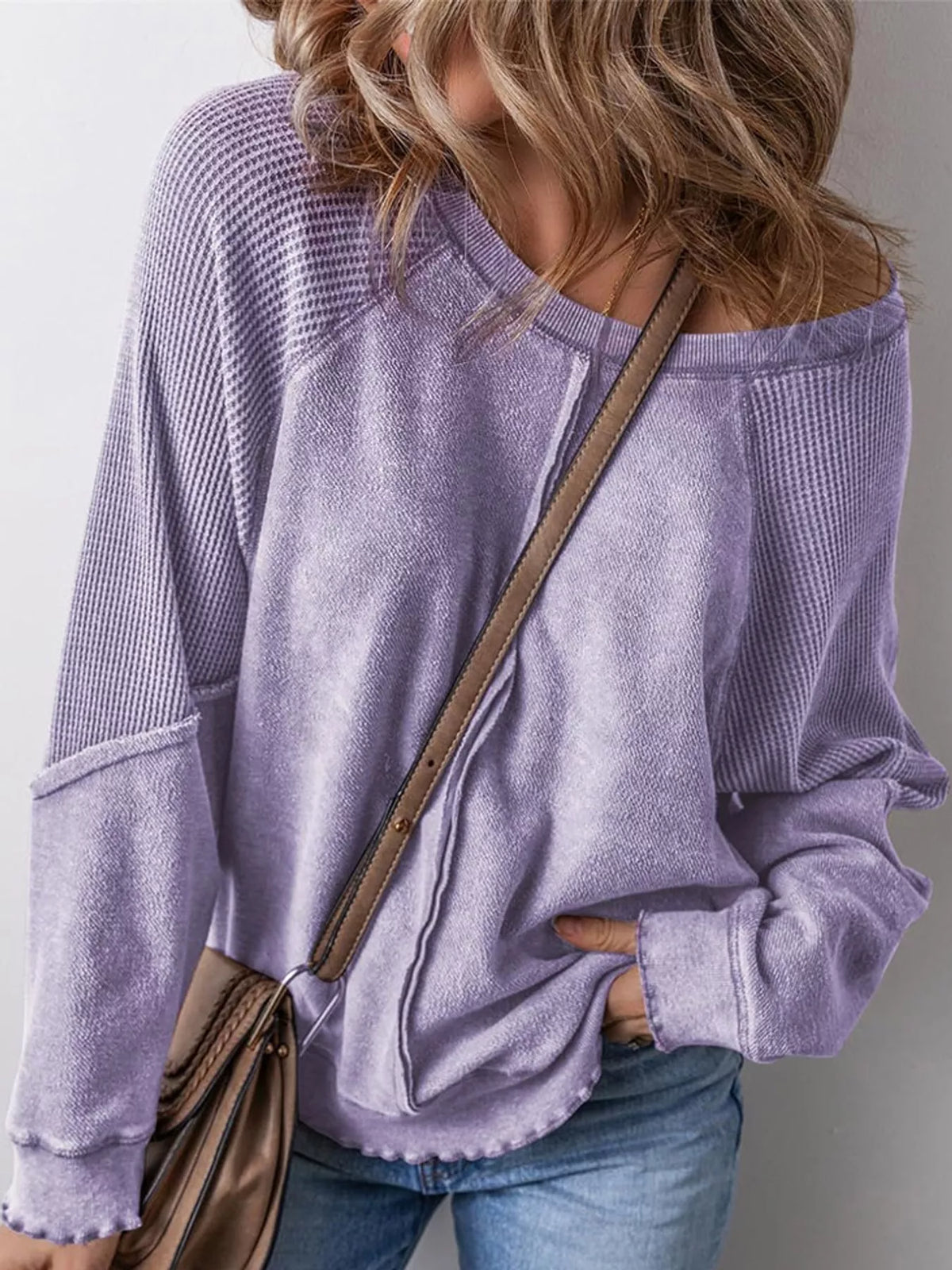 Waffle Knit Raglan Sleeve Sweatshirt