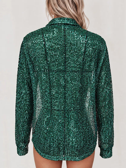 Full Size Sequin Button Up Long Sleeve Shirt Plus Size
