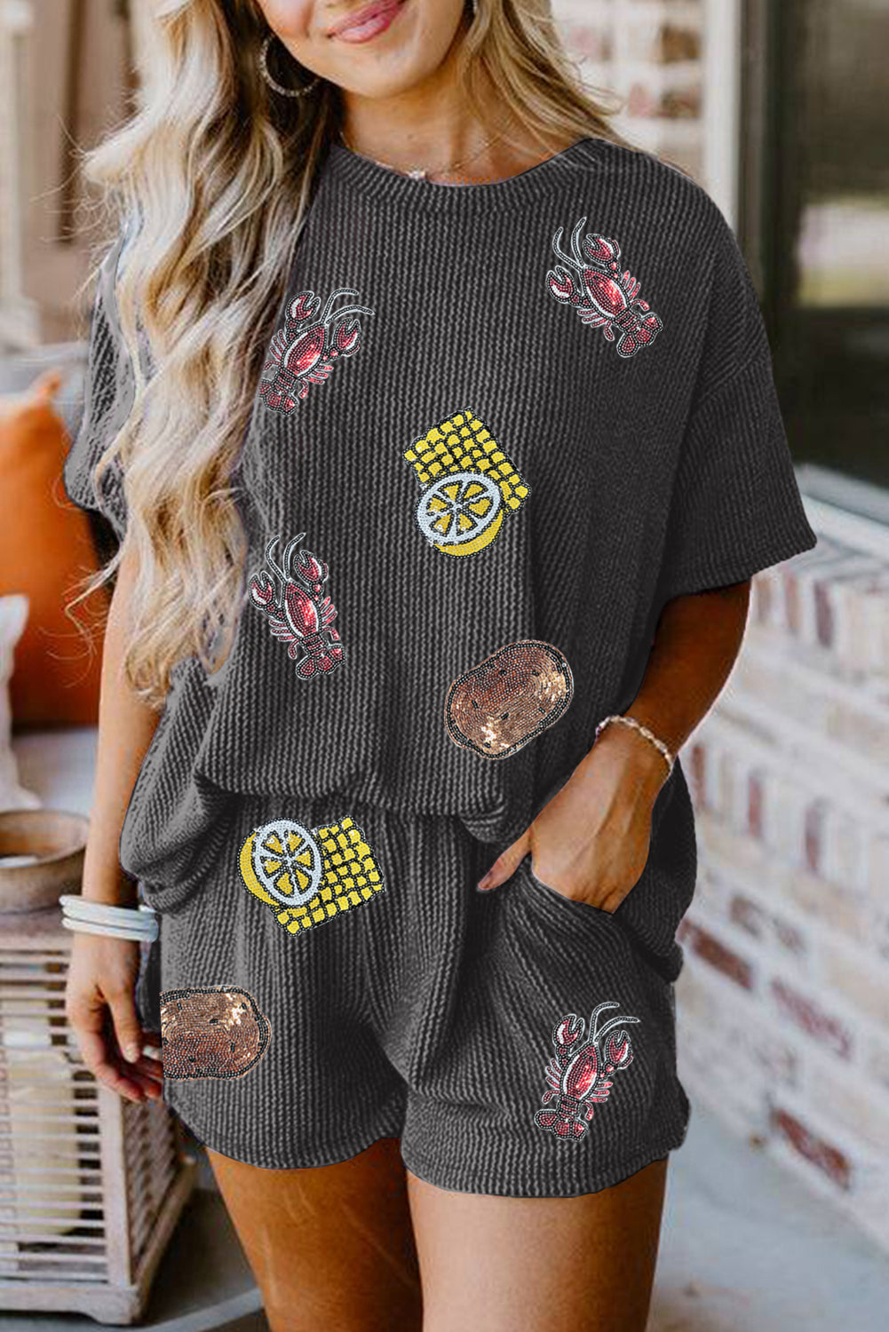 Carbon Grey Sequin Crawfish Food Print Textured Tee and Short Set