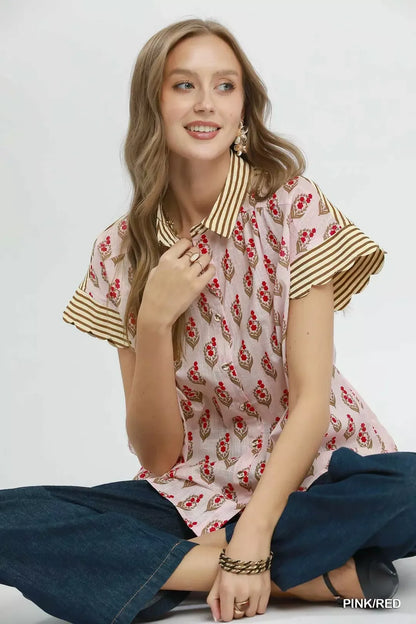 Umgee Block Print Button-Front Shirt with Contrast Stripe Point Collar