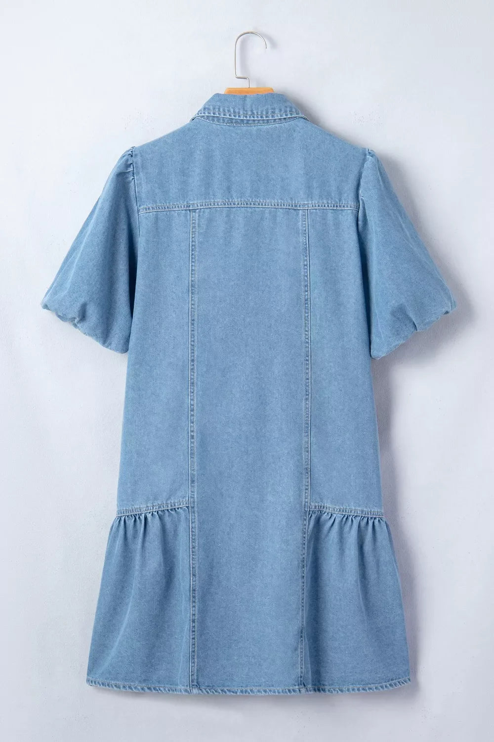 Button Down Short Puff Sleeve Ruffle Hem Denim Dress
