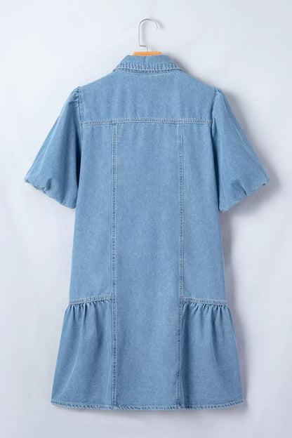 Button Down Short Puff Sleeve Ruffle Hem Denim Dress