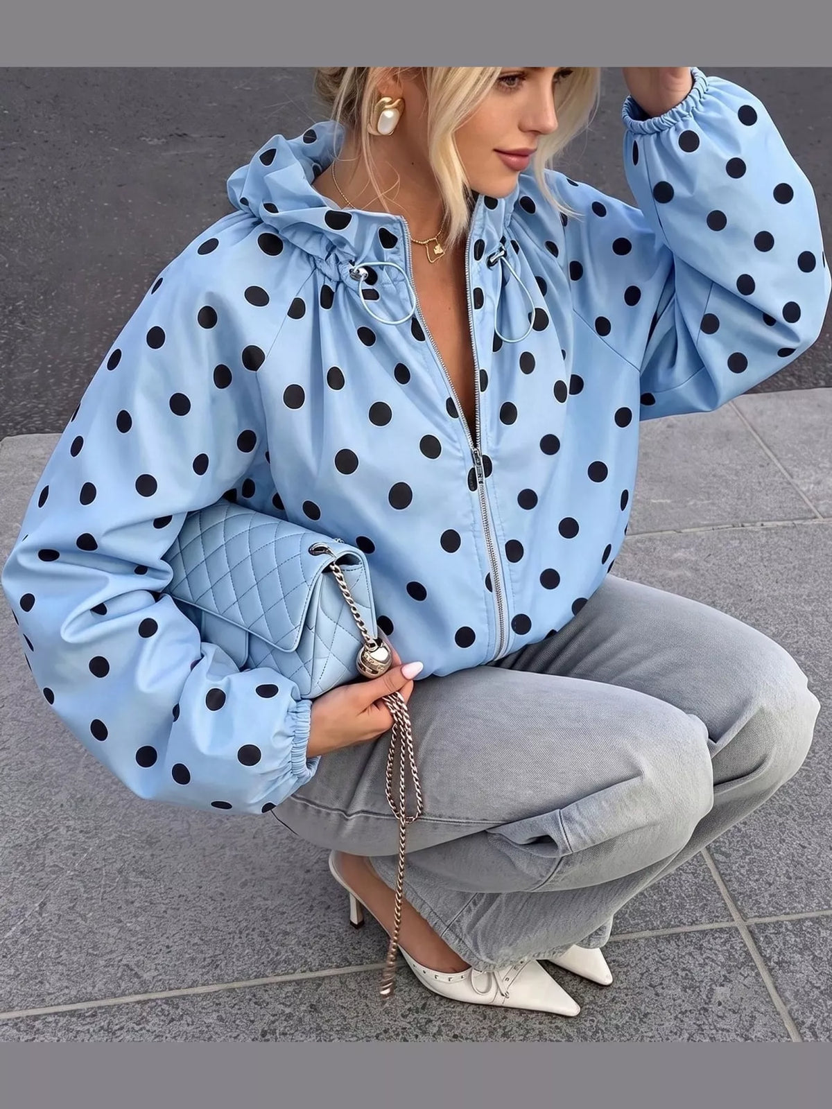 Polka Dot Zip Up Hooded Jacket