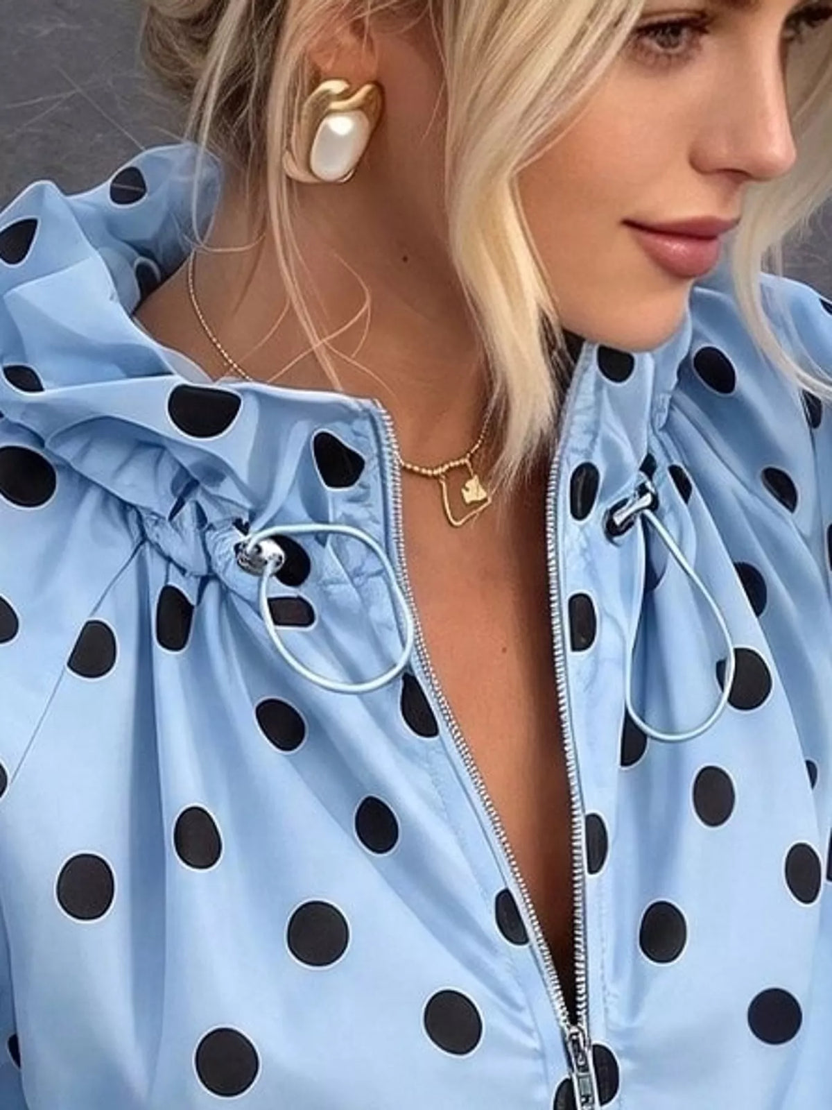 Polka Dot Zip Up Hooded Jacket