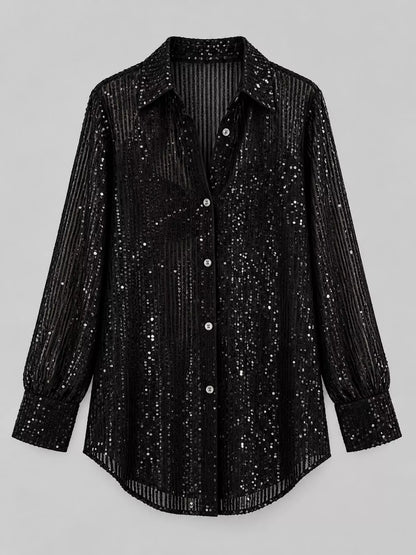 Full Size Sequin Button-Down Shirt Plus Size