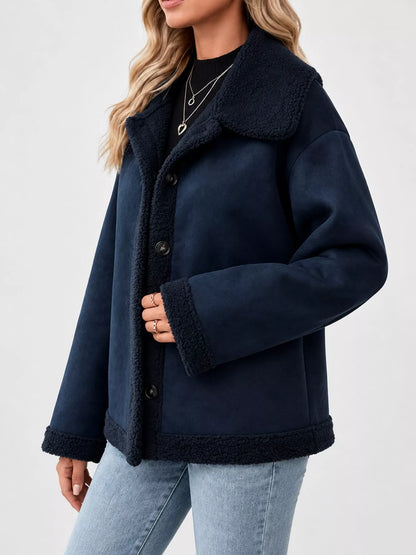 Full Size Cozy Faux Suede Sherpa-Lined Button-Down Jacket Plus Size