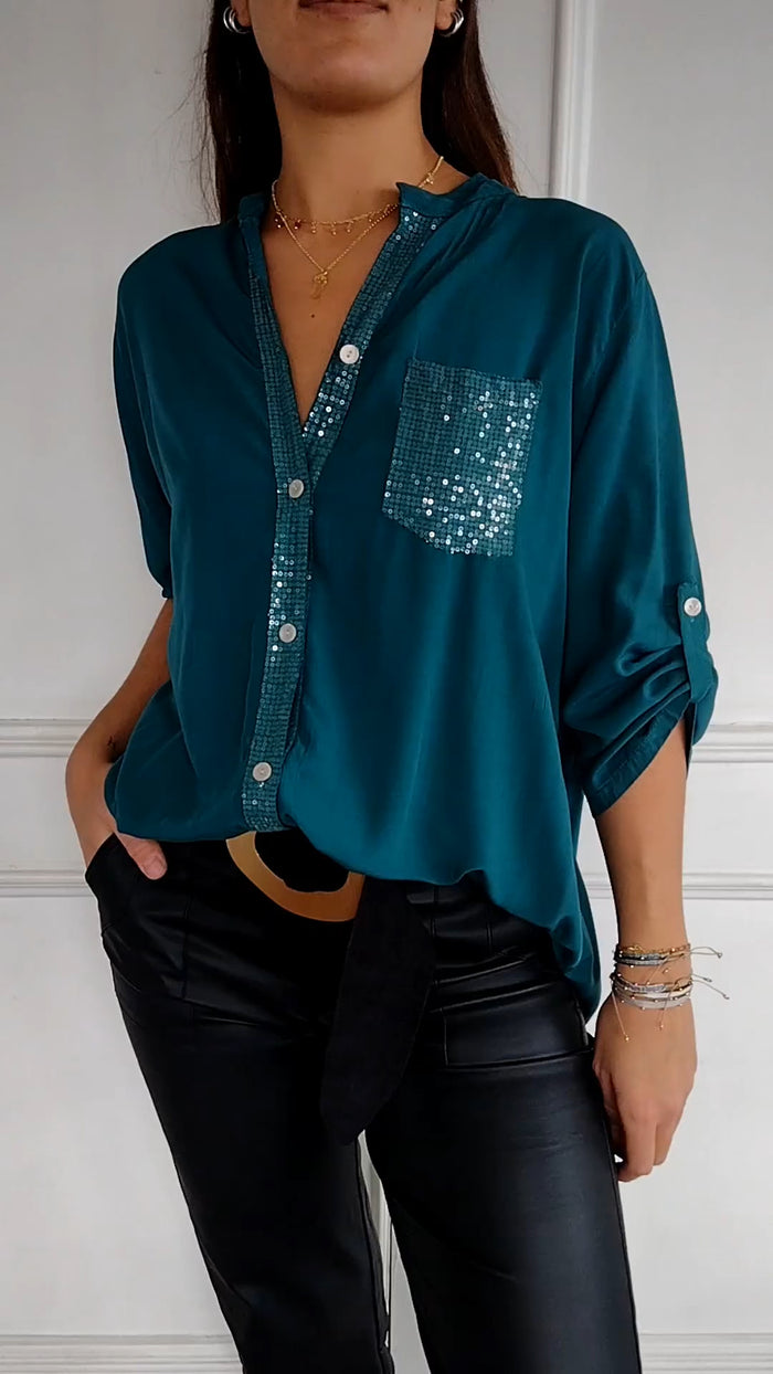 V-neck Sequin Mid-sleeve Casual Top