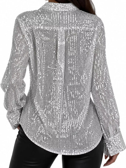 Full Size Sequin Button-Down Shirt Plus Size