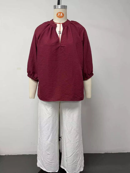 Notched Blouse and Wide-Leg Pants Set