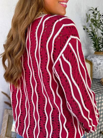 Wavy Detail Hollow Out Knit Long Sleeve Cotton Pullover Sweater