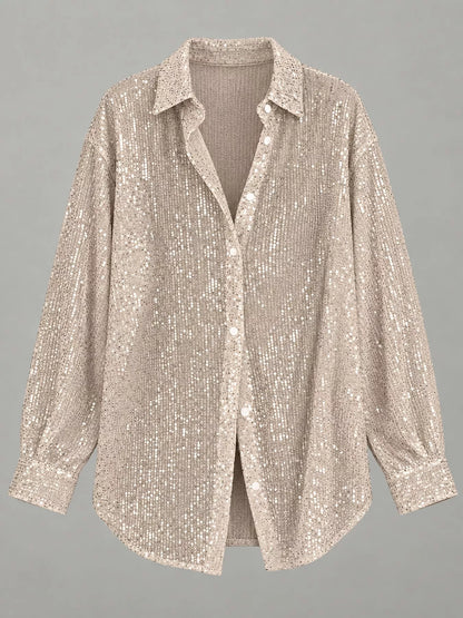 Full Size Sequin Button Up Long Sleeve Shirt Plus Size