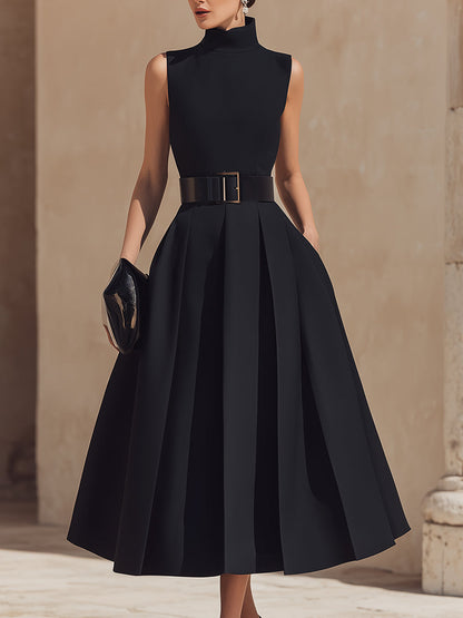 Belted High-Neck Pleated Midi Dress Black
