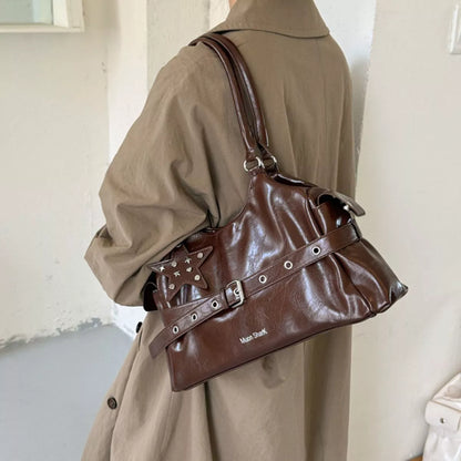 Buckle Detail Leather Shoulder Bag