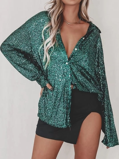 Full Size Sequin Button-Down Shirt Plus Size