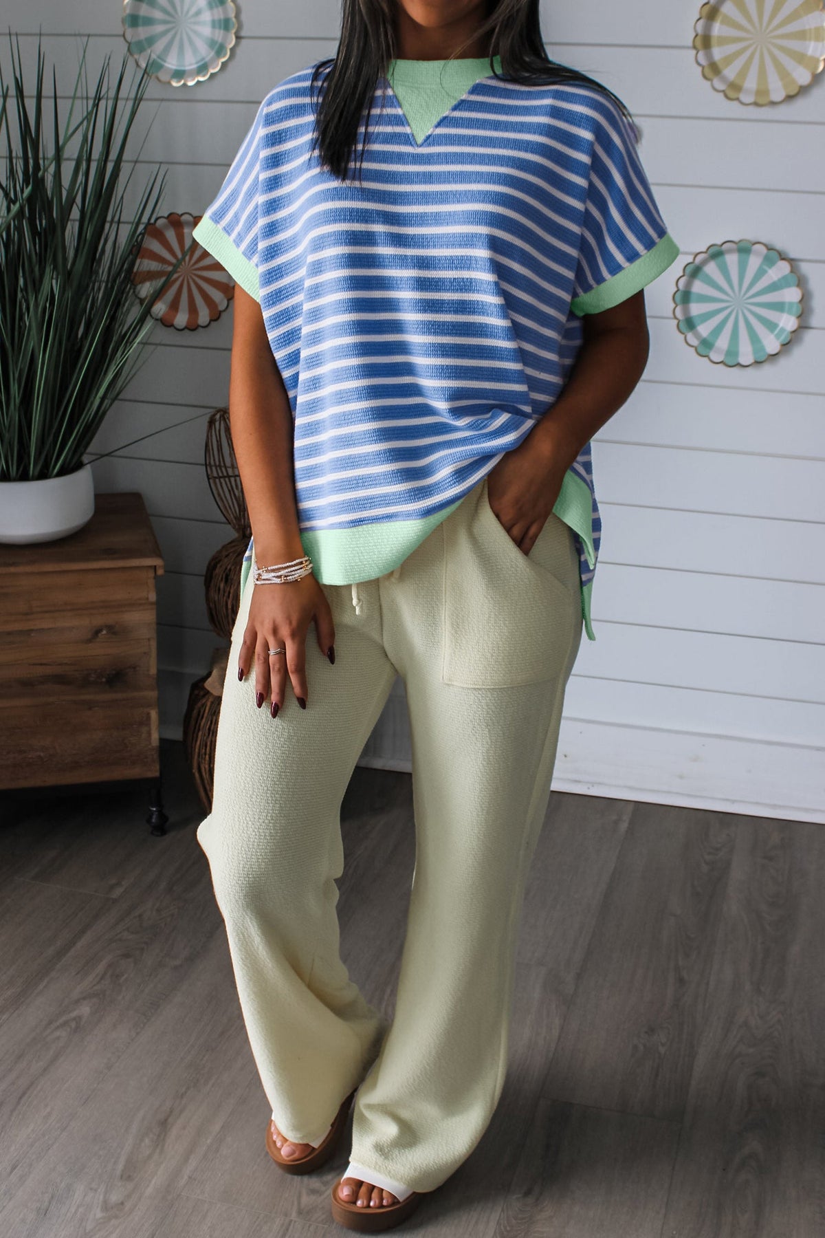 Pink Stripe Contrast Trim Loose Short Sleeve Top