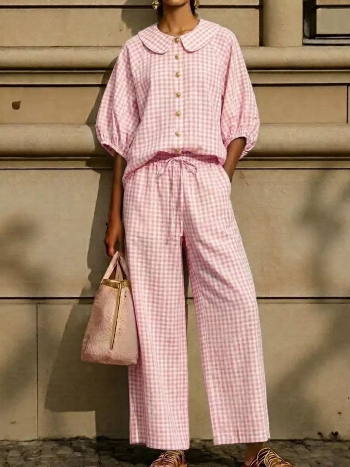 Full Size Plaid Button Up Shirt and Pants Set Plus Size