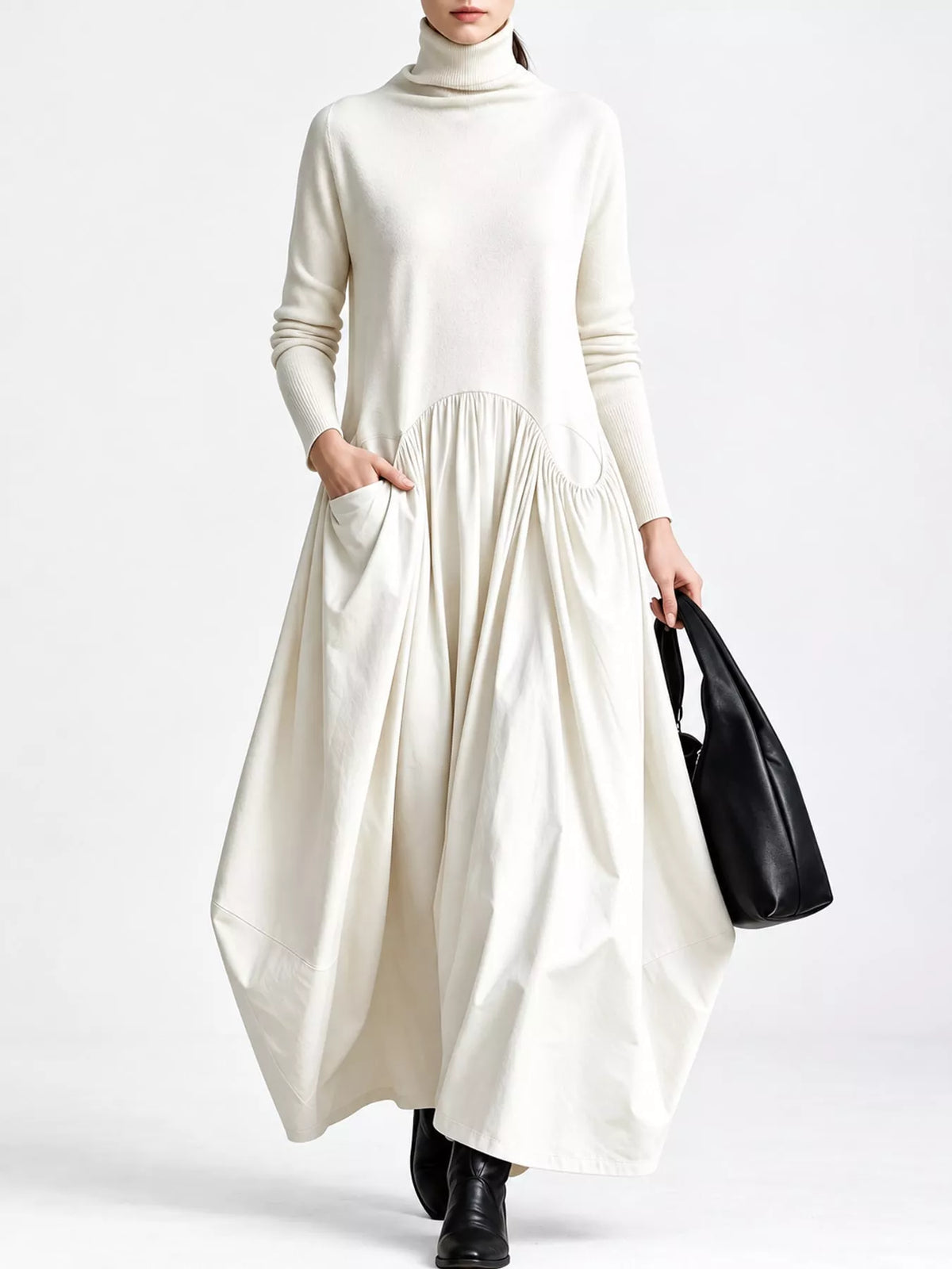 Turtleneck Maxi Dress with Long Sleeves and Pockets