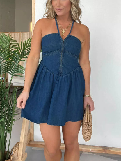 Full Size Denim Halter Neck Mini Dress Plus Size