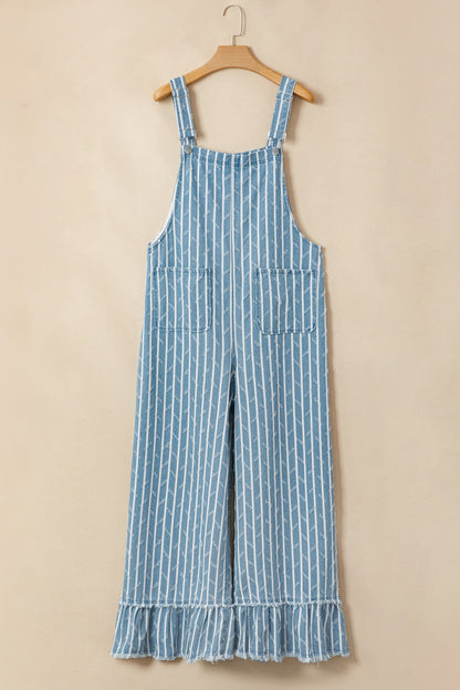 Myosotis Striped Distressed Ruffled Wide Leg Denim Overalls