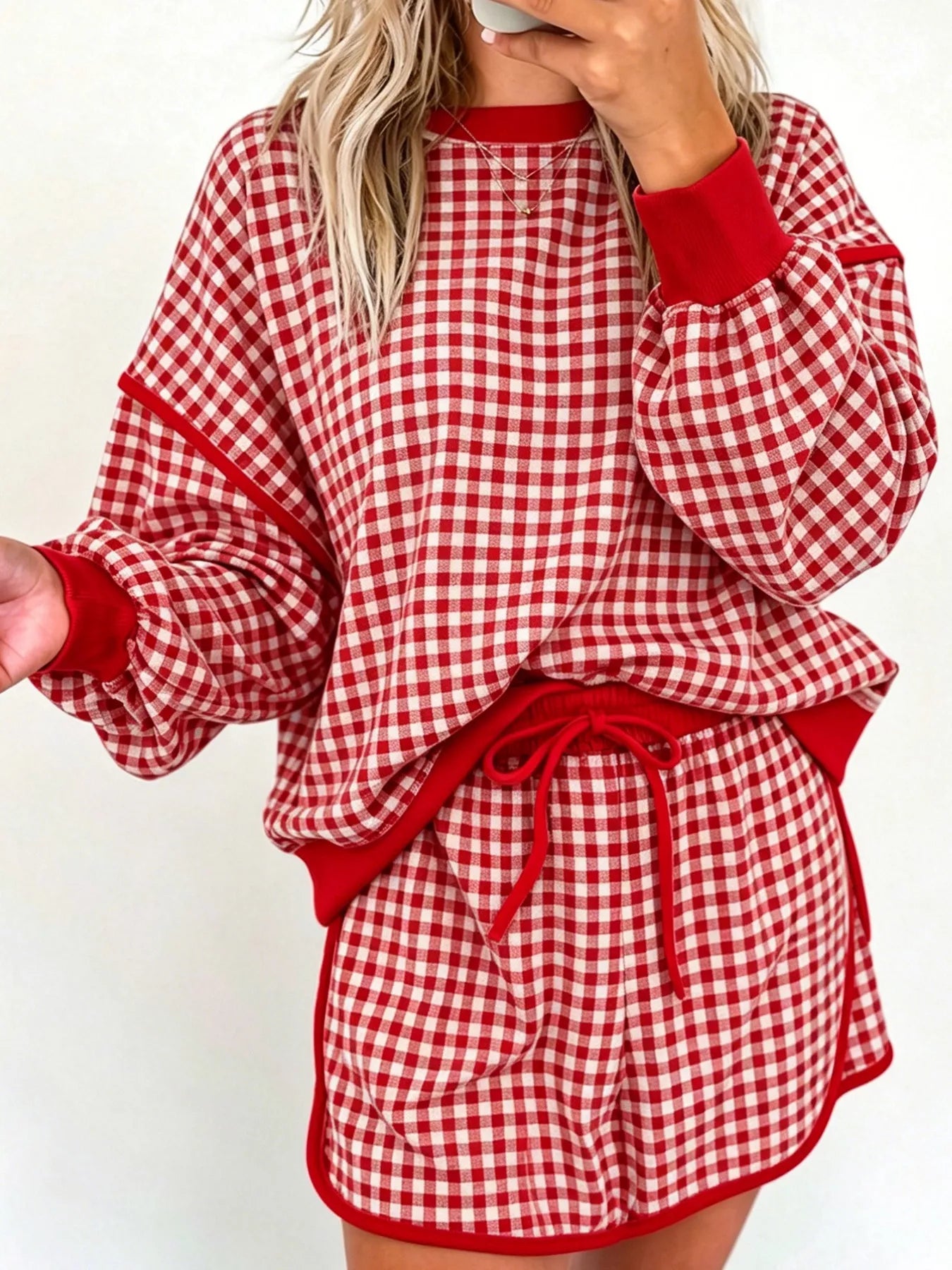 Gingham Plaid Long Sleeve Sweatshirt and Shorts Set