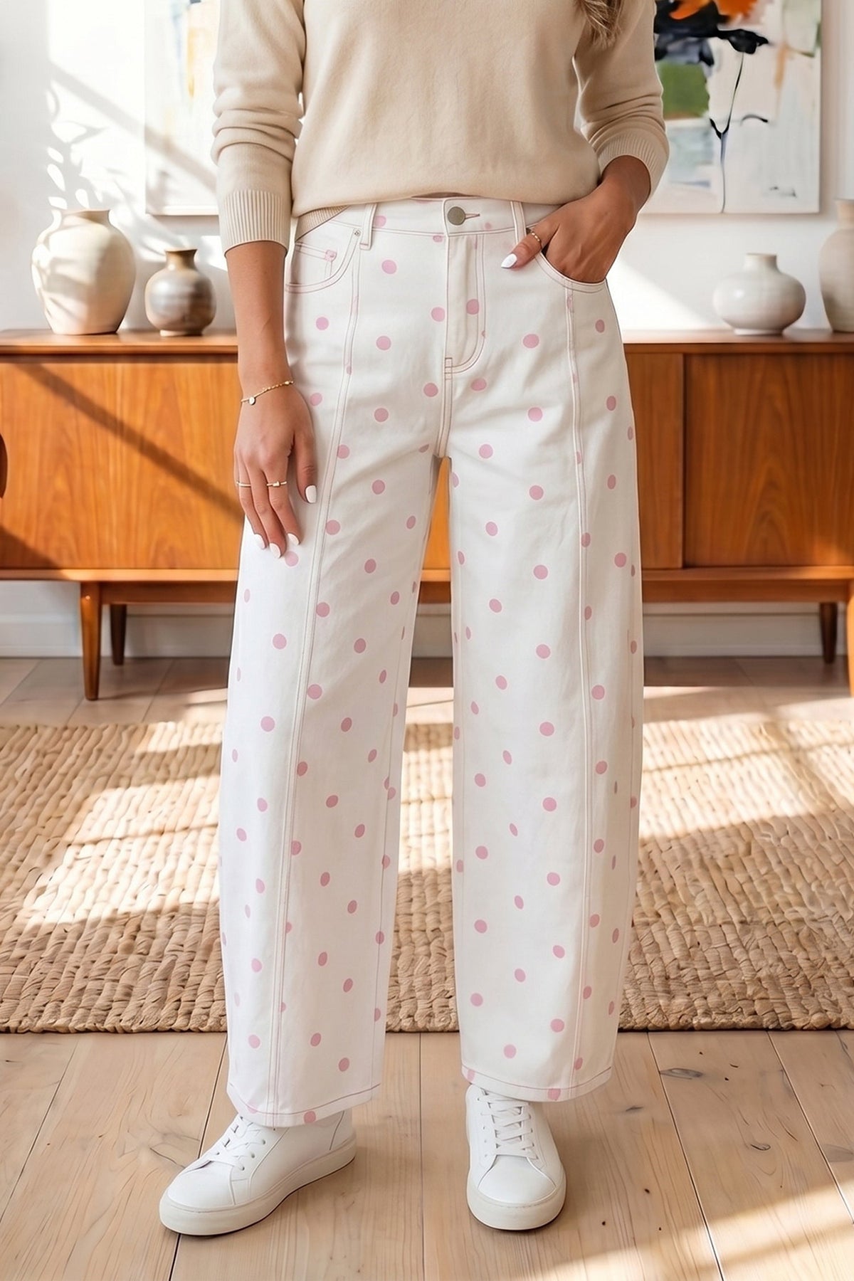 Pink Polka Dot Print Seam Detail Barrel Jeans