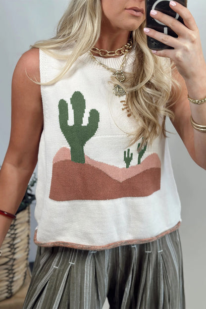 Multicolour Cactus Western Oasis Loose Sweater Vest