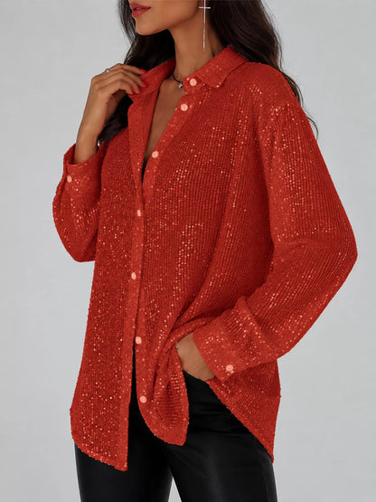 Full Size Sequin Button-Down Shirt Plus Size