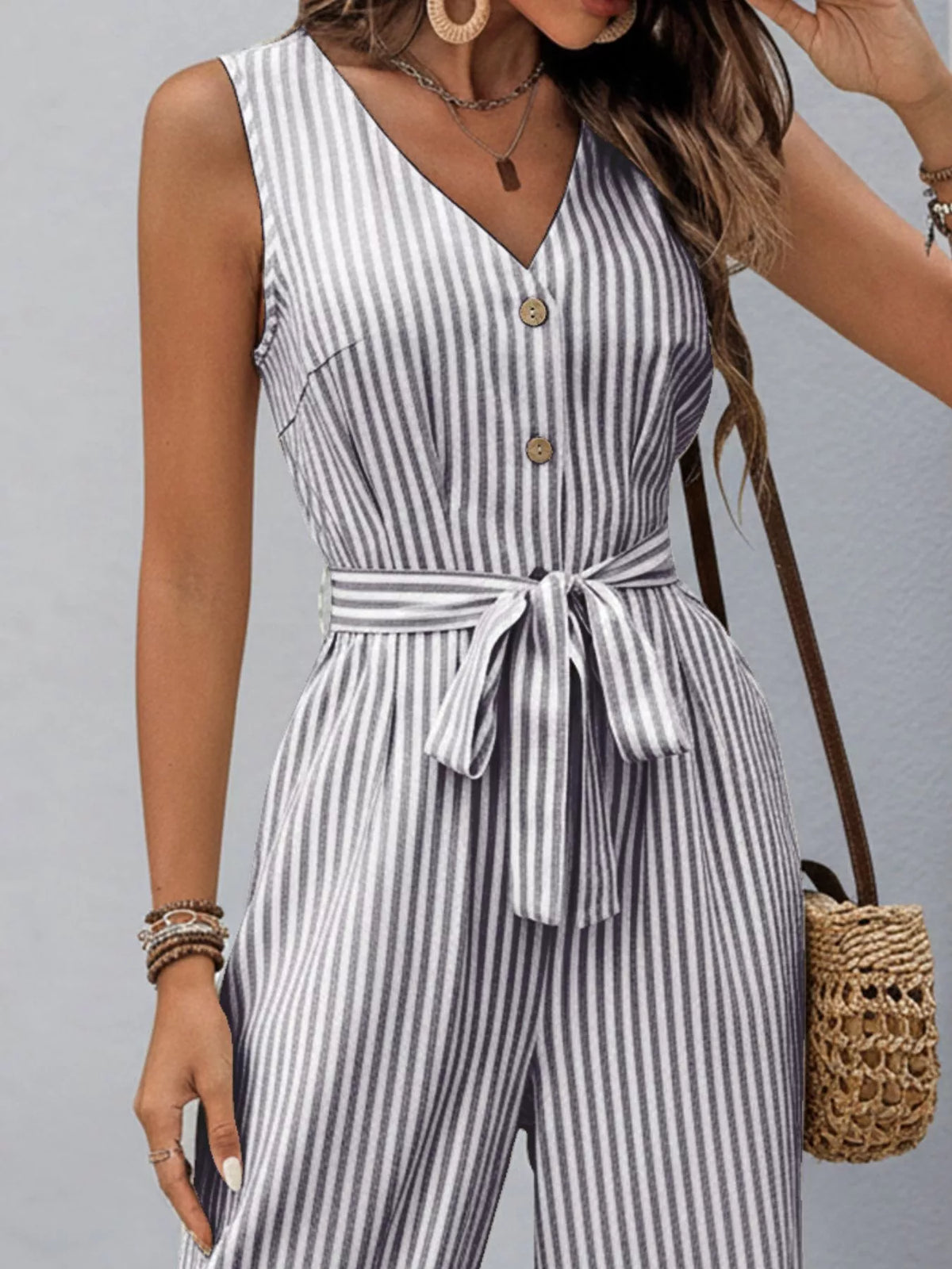 Sleeveless Striped V-Neck Jumpsuit