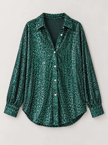 Full Size Sequin Button-Down Shirt Plus Size