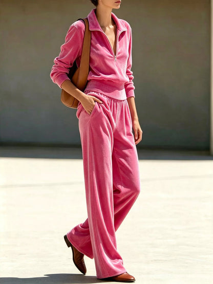 Full Size Quarter-Zip Top and Wide-Leg Pants Set Plus Size
